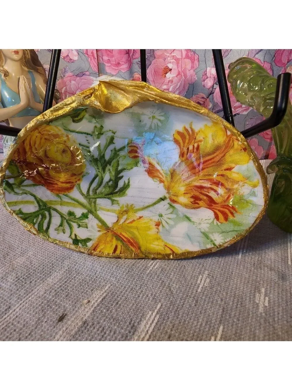DECOUPAGE CLAM SHELL DECOUPAGE FLOWERS TRINKET DISH